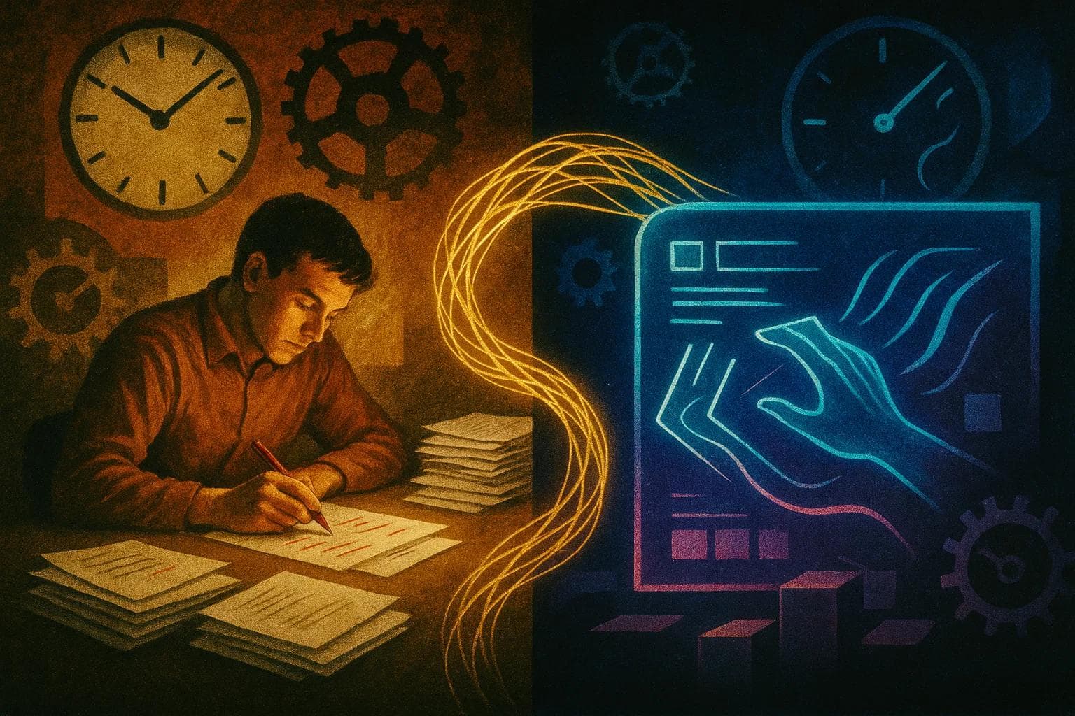 Split-screen of a human editor marking up a draft and an AI interface refining sentences, merging into a polished article to show faster hybrid editing.