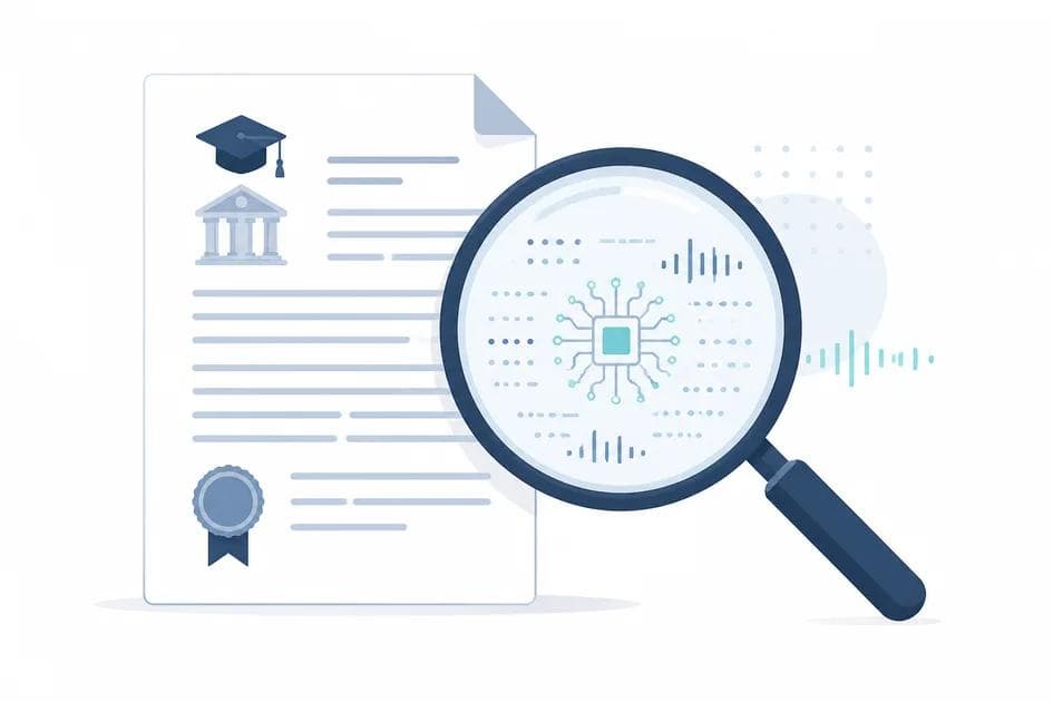Illustration of a college admissions essay next to an AI detector scan, representing the accuracy question this post answers